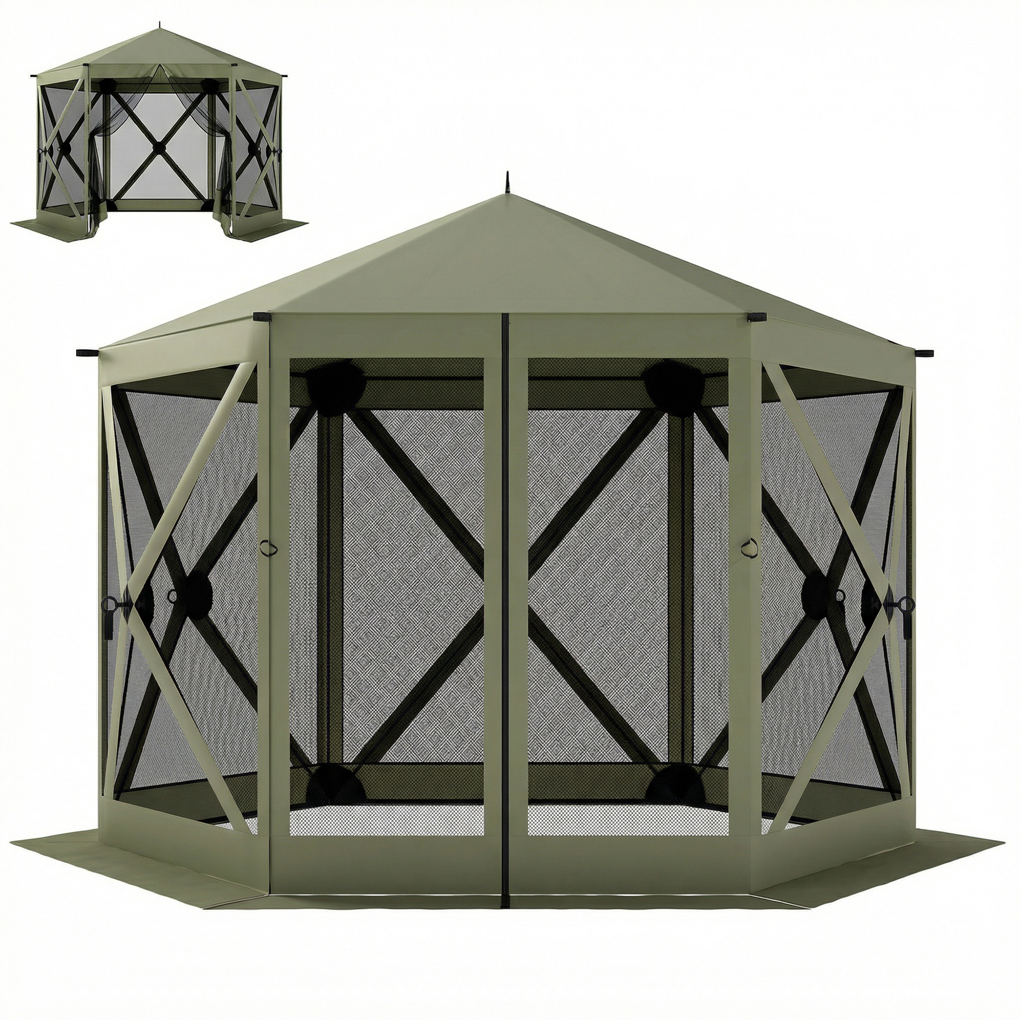 10 x 11 ft Pop Up Gazebo Screen Tent, Portable Instant Camping Canopy Screen House with Nettings, Carry Bag, Dark Green