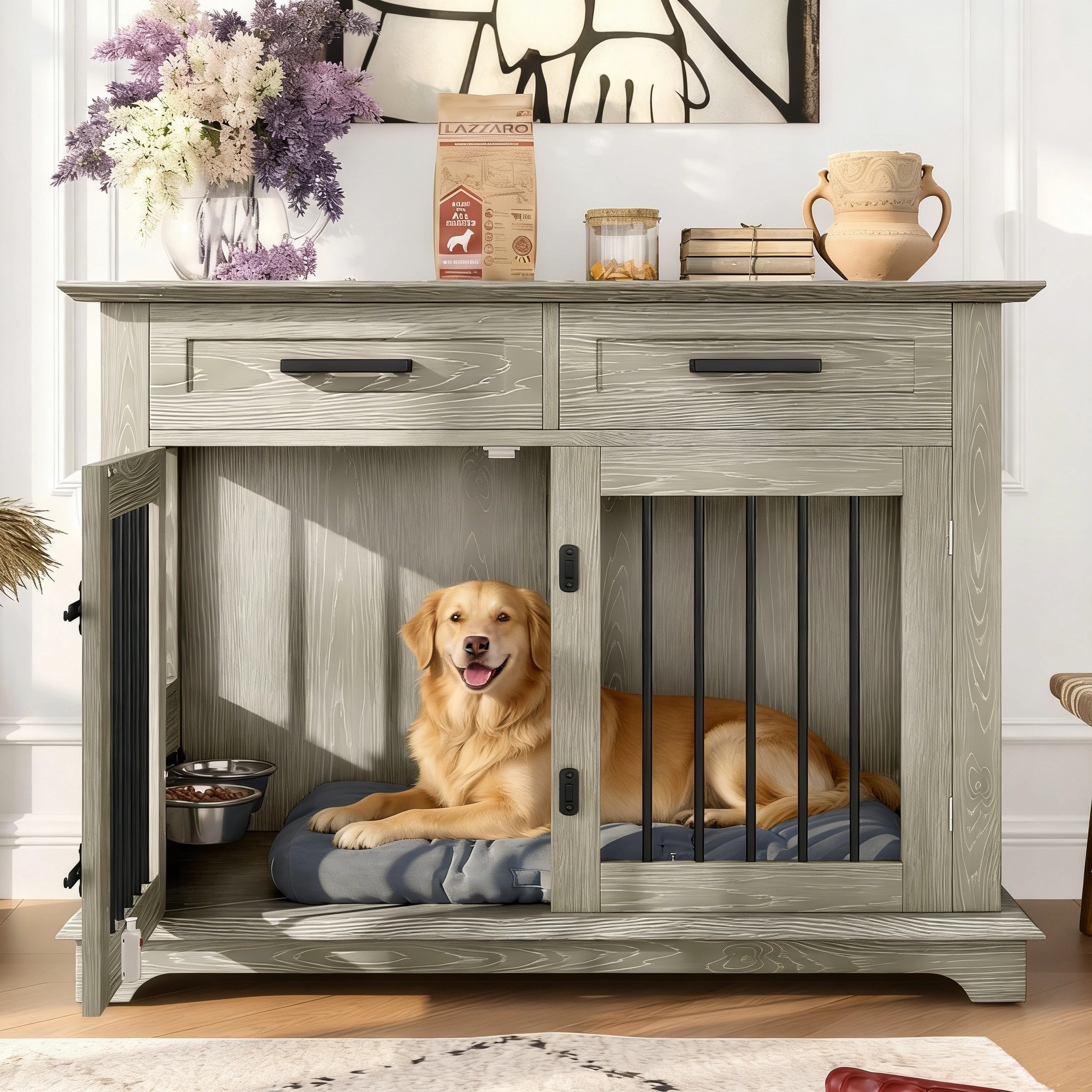 44.48" Large Dog Crate Furniture, Indoor Wooden Dog Kennel End Table with 2 Storage Drawers and Rotating Bowls, Decorative Pet Cage Dog House for Medium Dogs, Gray