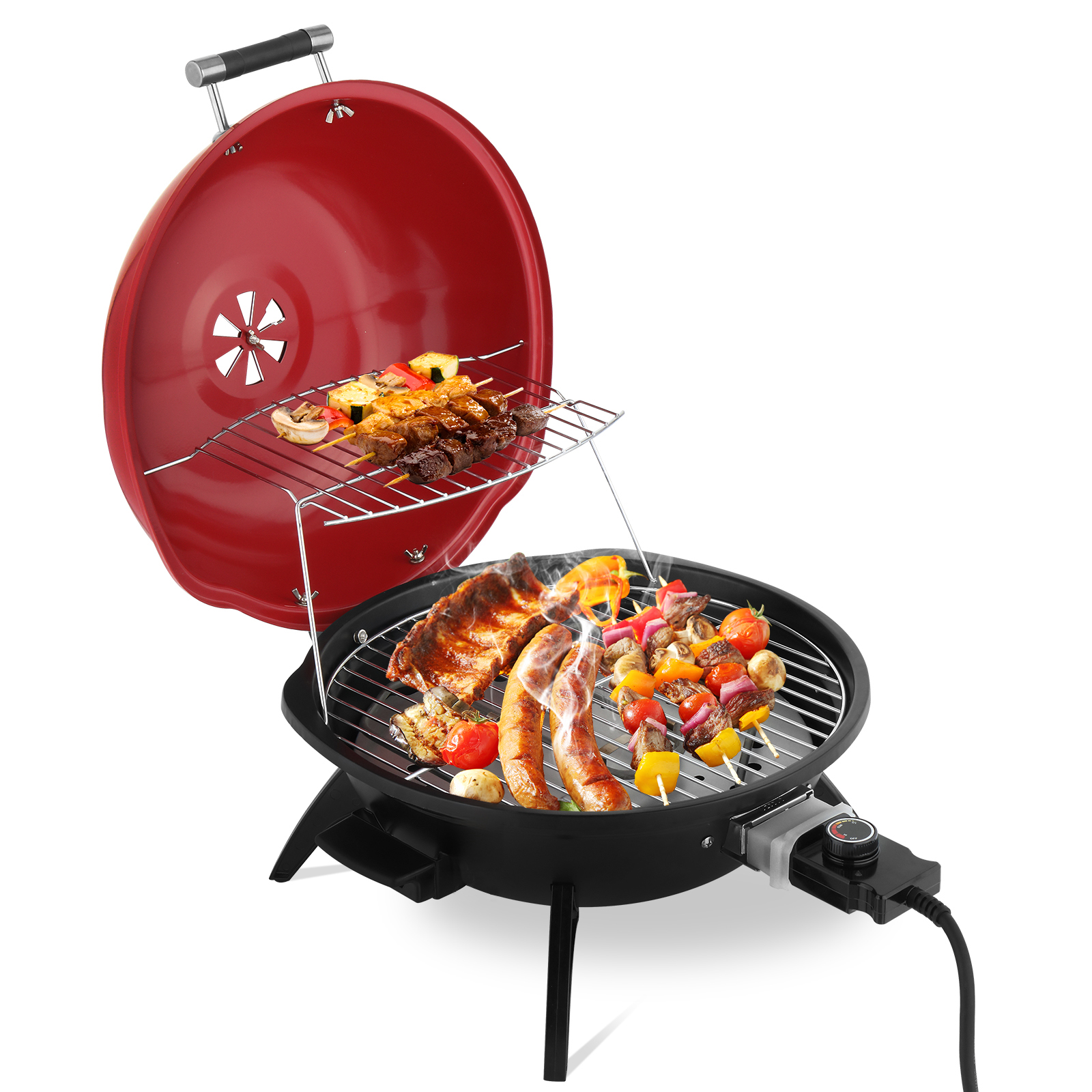 Electric Countertop BBQ Grill, Portable Double Layer Indoor/Outdoor Electric Grill for Indoor & Outdoor Use, 1600W, Red